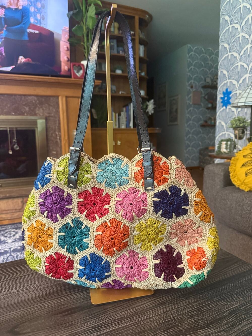 Handmade African Flower Hexagon Motif Crochet Bag